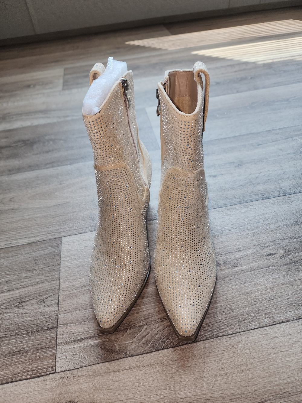 Women's Beige Embellished Pointed-Toe Ankle Boots